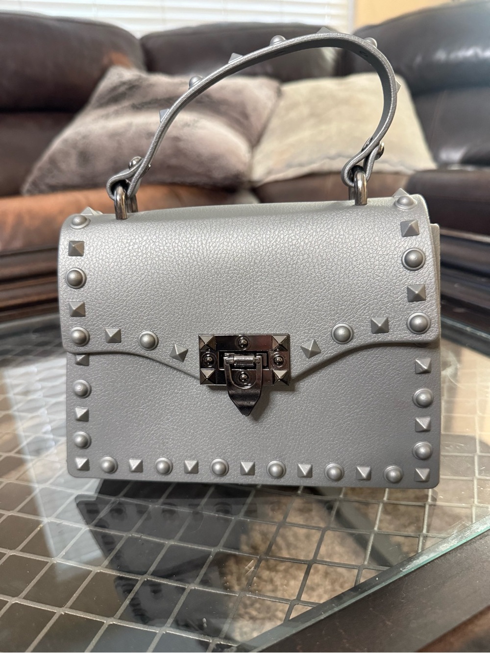 Studded Top-Handle Mini Bag in Metallic Gray